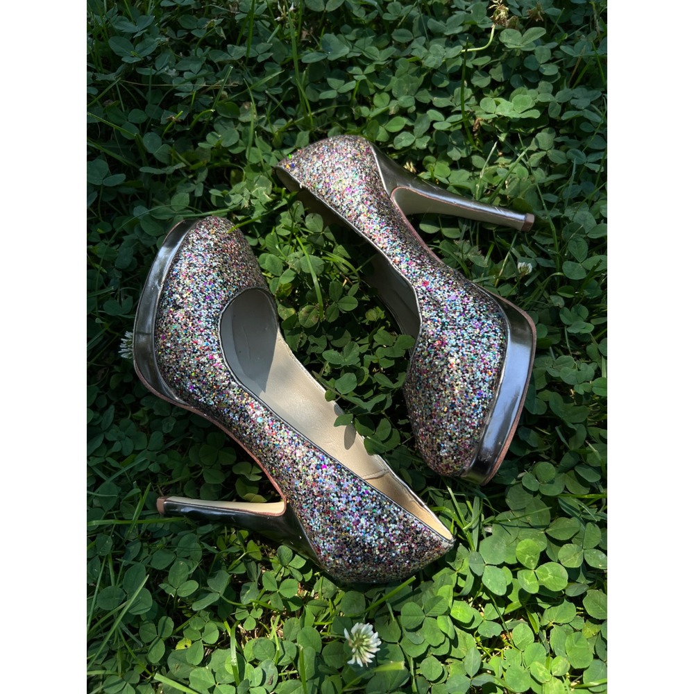 JIMMY CHOO Cosmic Coarse Multi-Color Glitter Platform Pumps Heels Sz 39